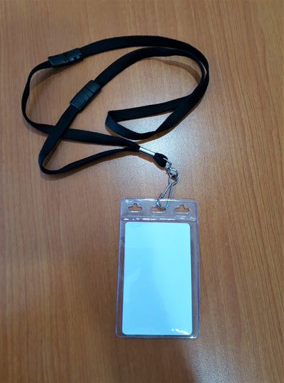 Double-sided ID card with plastic cover and lanyard