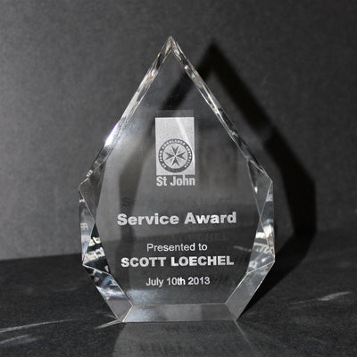Engraved crystal trophy, logo and text laser etched into glass