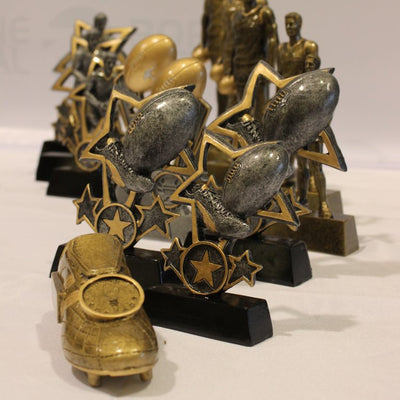 Sports Tropies, bronze and gold finish premium metal trophies for rugby, soccer and basketball